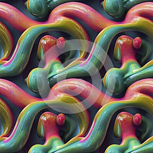 Abstract colorful funky surreal psychedelic dynamic liquid 3D forms substance seamless pattern