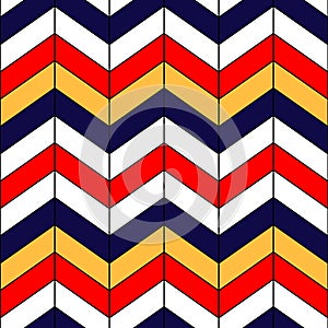 Abstract colorful geometric chevron seamless pattern in blue red yellow and white, vector
