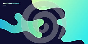 Abstract colorful geometric liquid dynamic on dark blue background. Fluid shapes composition with trendy green gradients