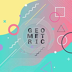 Abstract colorful geometric shapes and forms trendy fashion memphis style card design background. You can use for poster, brochure
