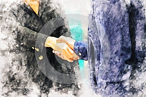Abstract colorful handshake business partner on watercolor illustration paint background.