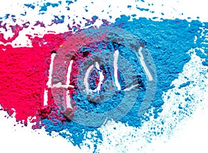 Abstract colorful Happy Holi background. Color vibrant powder isolated on white. Dust colored splash texture. Flat lay