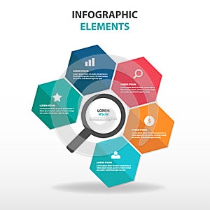 Abstract colorful hexagon with magnifying glass business Infographics elements, presentation template flat design vector