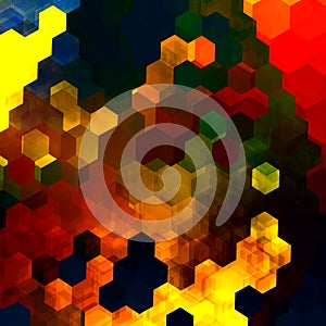 Abstract colorful hexagons illustration. Yellow red blue green orange colors. Cool messy clutter. Cells render. Wallpaper art.