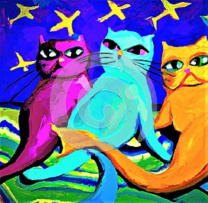 Abstract colorful illustration with 3 mermaid cats on the waves of the sea