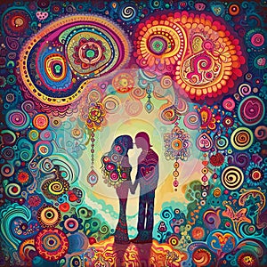 Abstract colorful illustration of kissing couple colorful ornaments circle dashes. Valentine\'s Day as a day symbol of affe photo