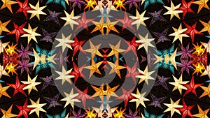 Abstract colorful kaleidoscopic pattern with bright glowing christmas stars