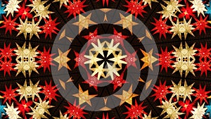 Abstract colorful kaleidoscopic pattern with bright glowing christmas stars