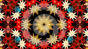 Abstract colorful kaleidoscopic pattern with bright glowing christmas stars