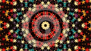Abstract colorful kaleidoscopic pattern with bright glowing christmas stars