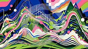 Abstract Colorful Landscape with Dynamic Waves and Geometric Shapes