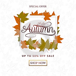 Abstract colorful leaves decorated  background for  Hello Autumn advertising header or banner design. Paper cut art design. Vector