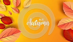 Abstract colorful leaves decorated  background for  Hello Autumn advertising header or banner design. Paper cut art design. Vector