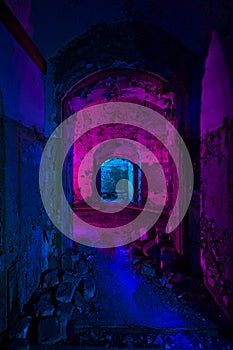 Abstract colorful light painting in abandoned soviet bunker. Pin