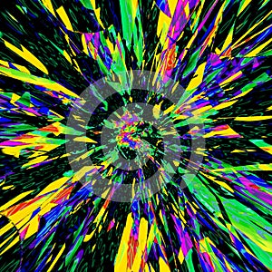 Abstract colorful light streaks background abstract fantasy illustration effect explosion in green, blue and yellow on dark backgr