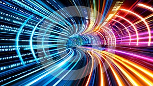 Abstract Colorful Light Tunnel Representing Speed and Data