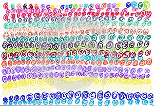 Abstract colorful lines of spirals hand drawn with felt tip pens on white paper. Simple doodles, childlike manner