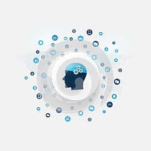 Abstract Machine and Deep Learning, Artificial Intelligence, Cloud Computing and Networks Design Concept with Icons and Human Head