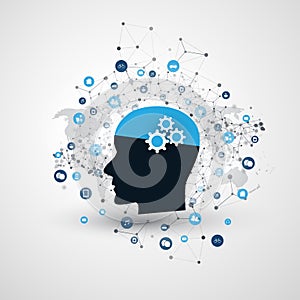 Machine Learning, Artificial Intelligence, Cloud Computing and Networks Design Concept with Icons, World Map and Human Head