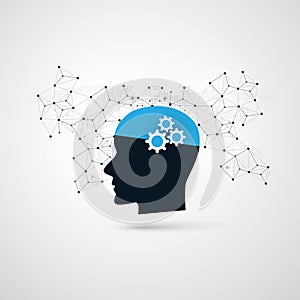 Machine Learning, Artificial Intelligence, Cloud Computing and Networks Design Concept with Wireframe and Human Head