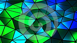 Abstract colorful mosaic background, blue green polygons on black, trangle shapes stained glass