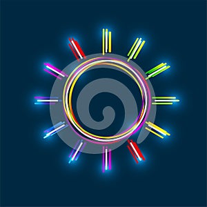 Abstract colorful multi-layered sun line icon with glowing light effect on a blue background.