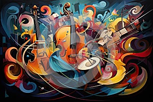 abstract colorful music background with violoncello and drum illustration, AI Generated
