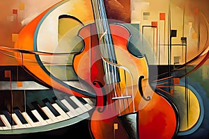 Abstract colorful music background with violoncello and piano, digital painting