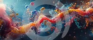 Abstract colorful nebula-like formation with floating particles and swirling colors in a dark space photo