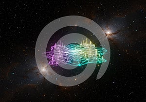 Abstract Colorful Nebula in Space with Pixelated City