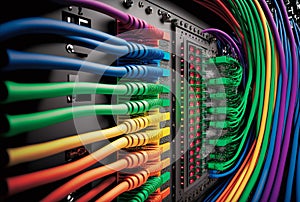 Abstract colorful network panel, switch and cable in data center, Generative AI