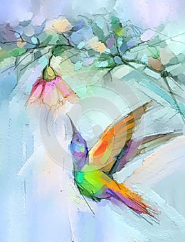 Abstract colorful oil, acrylic painting of bird Hummingbird and spring flower. Modern art paintings brush stroke on canvas. photo