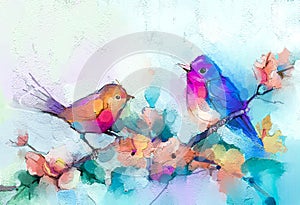 Abstract colorful oil, acrylic painting of bird and spring flower