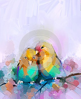 Abstract colorful oil, acrylic painting of bird and spring flower. Modern art paintings brush stroke on canvas.