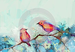 Abstract colorful oil, acrylic painting of bird and spring flower. Modern art paintings brush stroke on canvas.