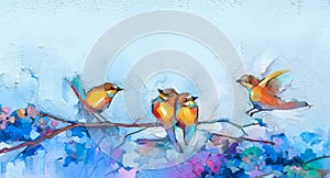 Abstract colorful oil, acrylic painting of bird and spring flower. Modern art paintings brush stroke on canvas. Illustration oil