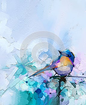 Abstract colorful oil, acrylic painting of bird and spring flower. Modern art paintings brush stroke on canvas
