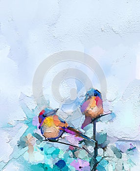 Abstract colorful oil, acrylic painting of bird and spring flower. Modern art paintings brush stroke on canvas.