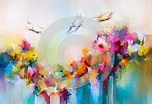 Abstract colorful oil, acrylic painting of butterfly flying over spring flower. Illustration hand paint floral blossom in summer