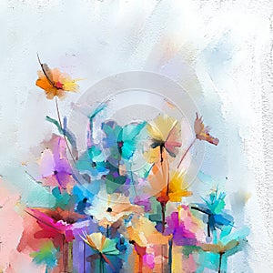Abstract colorful oil painting on canvas. Semi- abstract image of flowers