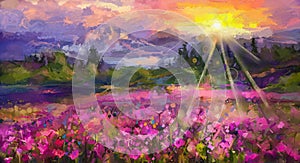 Abstract colorful oil painting purple cosmos flower