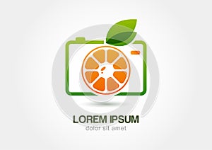 Abstract colorful orange fruit photo camera. Vector logo icon template.