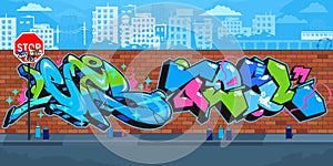 Abstract Colorful Outdoor Urban Streetart Graffiti Wall With Drawings Against The Background Of The Cityscape Vector Illustration