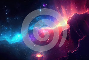 Abstract of colorful outer space planets nebula and galaxy sky background. Science and space concept. Generative AI