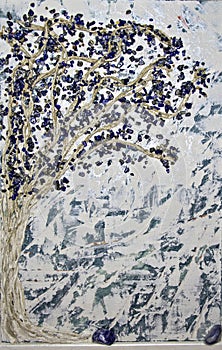 Abstract colorful painted wall texture and crystals tree