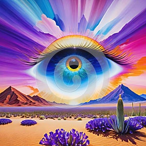 abstract colorful painting of a surreal desert landscape with the eye of the created with