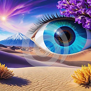 abstract colorful painting of a surreal desert landscape with the eye of the created with