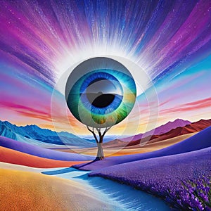 abstract colorful painting of a surreal desert landscape with the eye of the created with