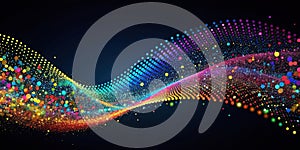 Abstract colorful particle wave flowing dynamically across dark background. Generative AI