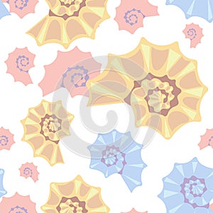 Abstract colorful pastel sea shells on a white background. Seamless pattern. Flat style